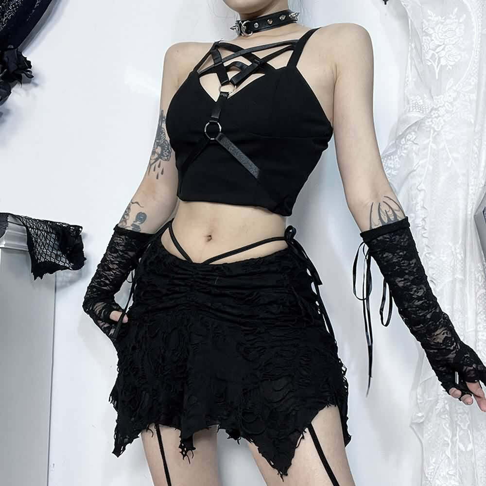 Y2K Gothic Grunge Ruched Distressed Mini Skirt - 90s Fashion, Y2K Summer, Retro Style