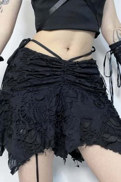 Y2K Gothic Grunge Ruched Distressed Mini Skirt - 90s Fashion, Y2K Summer, Retro Style