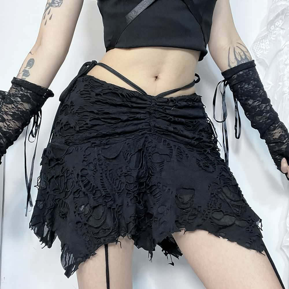 Y2K Gothic Grunge Ruched Distressed Mini Skirt - 90s Fashion, Y2K Summer, Retro Style