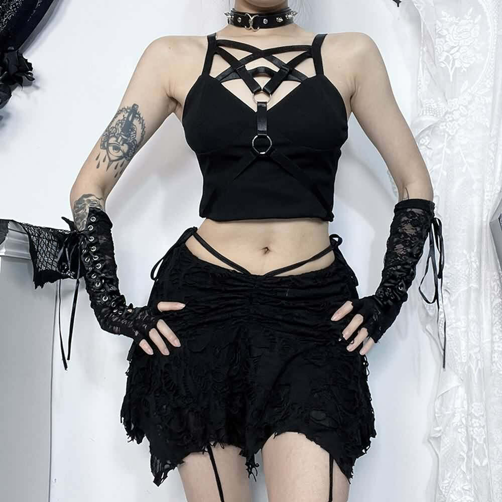 Y2K Gothic Grunge Ruched Distressed Mini Skirt - 90s Fashion, Y2K Summer, Retro Style