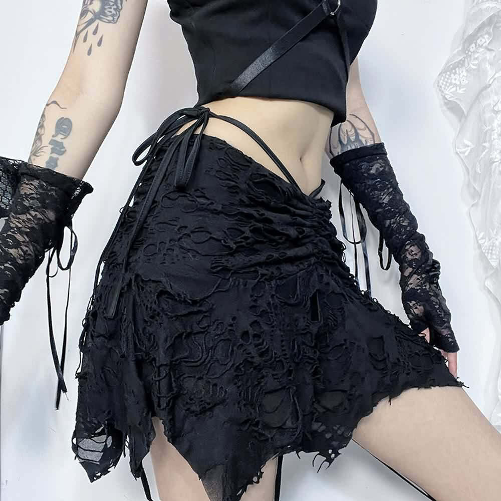 Y2K Gothic Grunge Ruched Distressed Mini Skirt - 90s Fashion, Y2K Summer, Retro Style