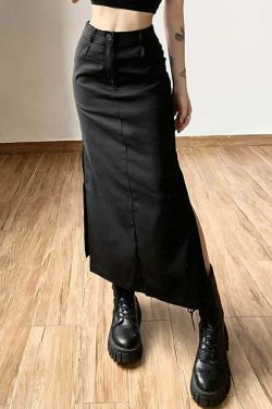Y2K Gothic Grunge Slit Midi Skirt - Retro 90s Fashion, Summer Y2K Outfits, Pastel Goth Style
