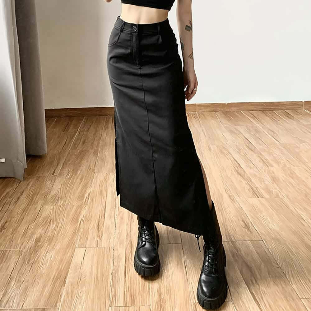 Y2K Gothic Grunge Slit Midi Skirt - Retro 90s Fashion, Summer Y2K Outfits, Pastel Goth Style