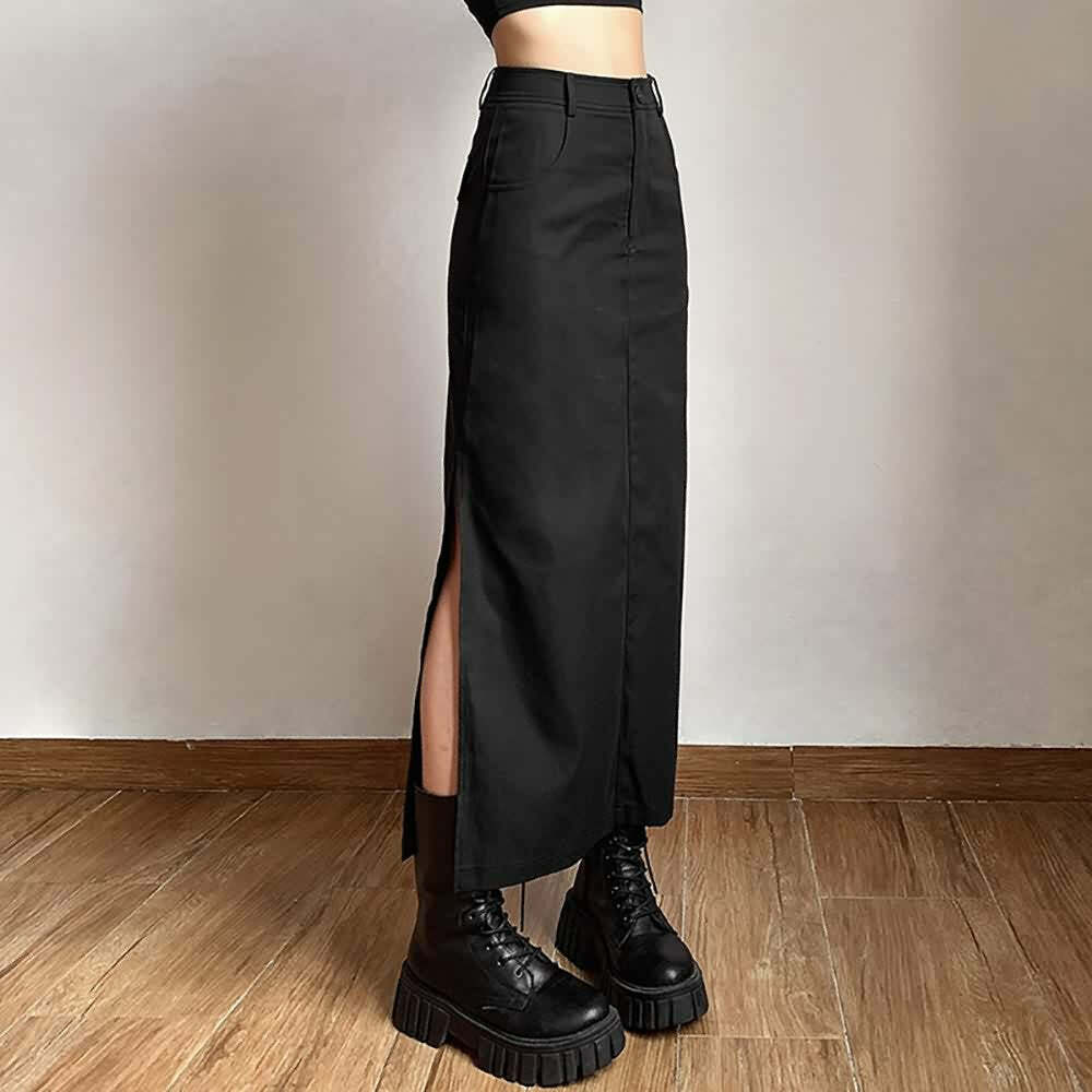 Y2K Gothic Grunge Slit Midi Skirt - Retro 90s Fashion, Summer Y2K Outfits, Pastel Goth Style