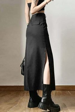 Y2K Gothic Grunge Slit Midi Skirt - Retro 90s Fashion, Summer Y2K Outfits, Pastel Goth Style