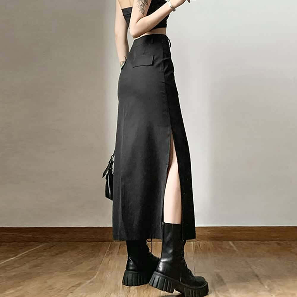 Y2K Gothic Grunge Slit Midi Skirt - Retro 90s Fashion, Summer Y2K Outfits, Pastel Goth Style
