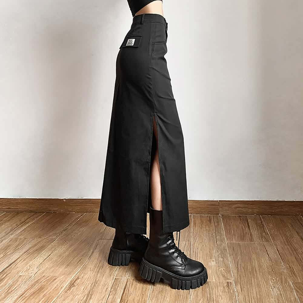 Y2K Gothic Grunge Slit Midi Skirt - Retro 90s Fashion, Summer Y2K Outfits, Pastel Goth Style