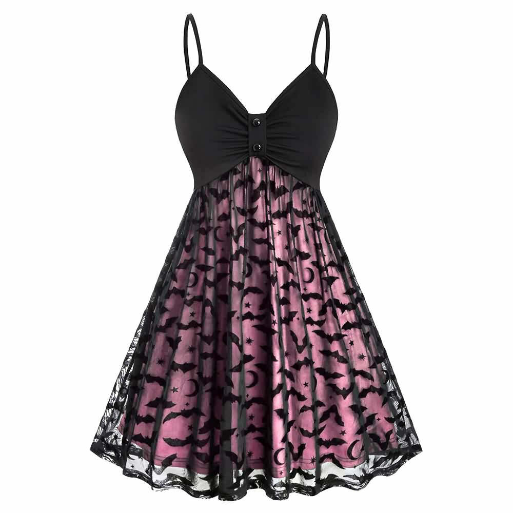 Y2K Gothic Halloween Bat Lace Dress - Retro 90s Grunge, Pastel Goth, Y2K Party Outfit