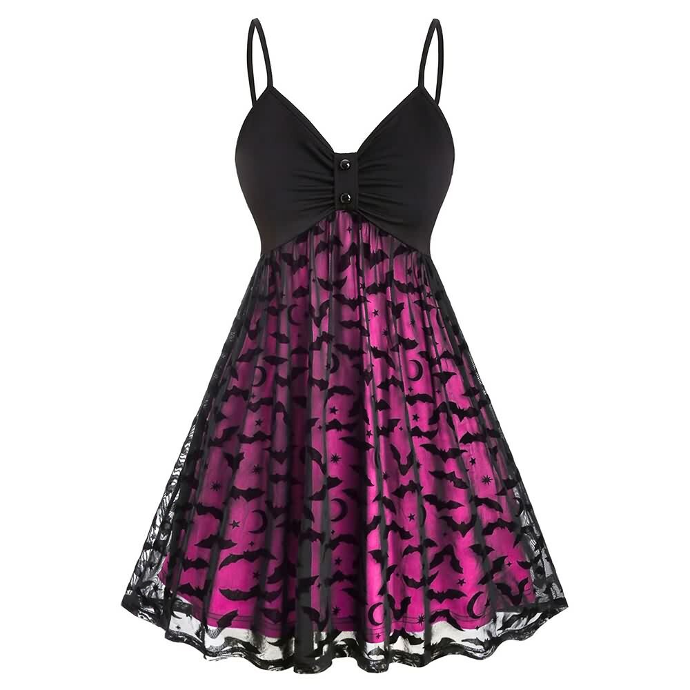 Y2K Gothic Halloween Bat Lace Dress - Retro 90s Grunge, Pastel Goth, Y2K Party Outfit