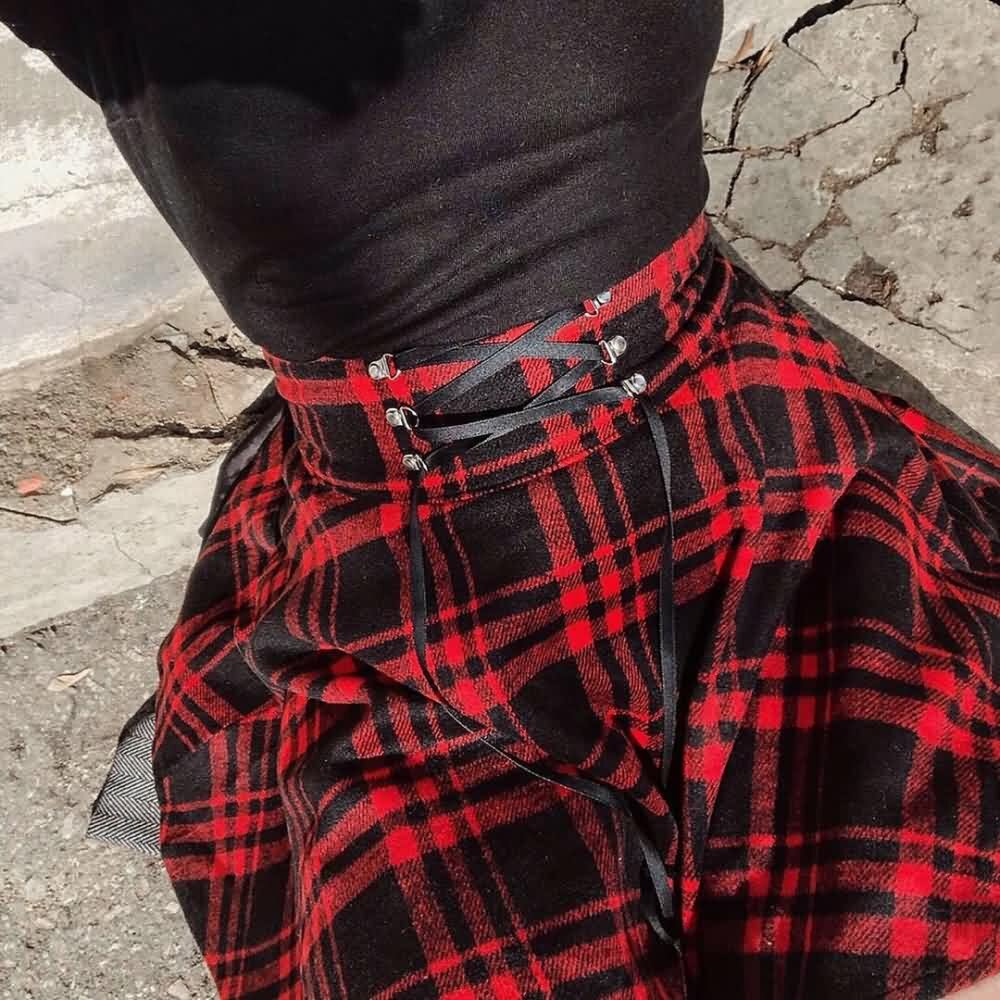 Y2K Gothic Harajuku Red Black Plaid Mini Skirt - 90s Grunge Retro Summer Outfit