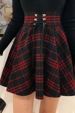 Y2K Gothic Harajuku Red Black Plaid Mini Skirt - 90s Grunge Retro Summer Outfit