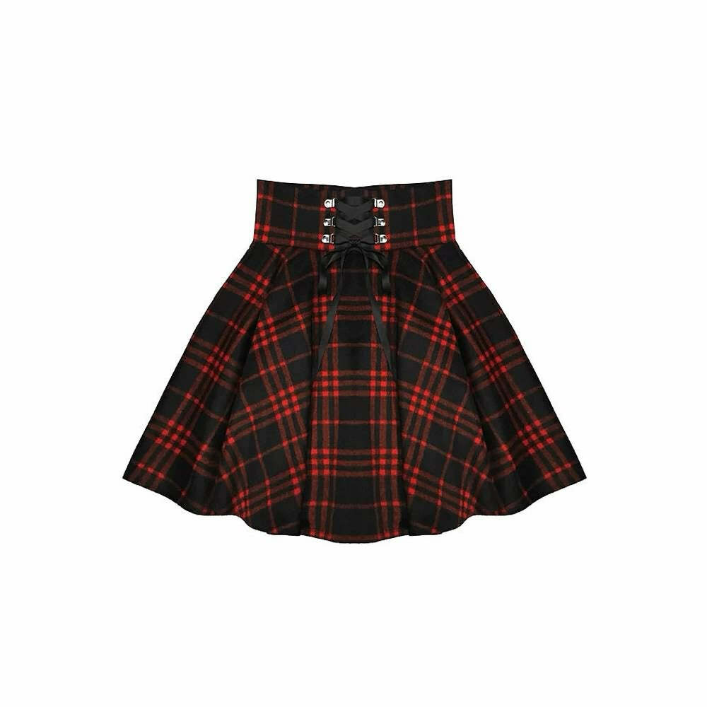 Y2K Gothic Harajuku Red Black Plaid Mini Skirt - 90s Grunge Retro Summer Outfit