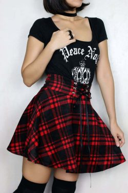 Y2K Gothic Harajuku Red Black Plaid Mini Skirt - 90s Grunge Retro Summer Outfit