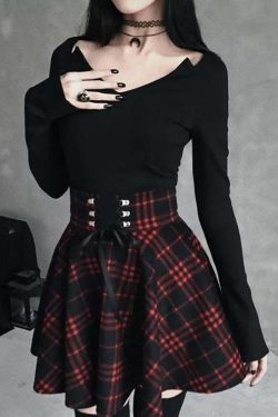 Y2K Gothic Harajuku Red Black Plaid Mini Skirt - 90s Grunge Retro Summer Outfit