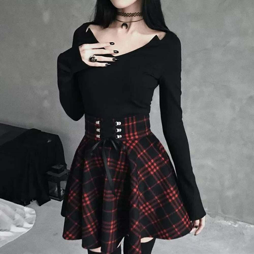 Y2K Gothic Harajuku Red Black Plaid Mini Skirt - 90s Grunge Retro Summer Outfit
