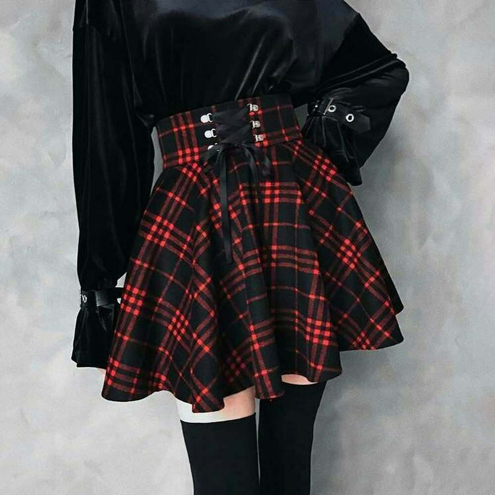 Y2K Gothic Harajuku Red Black Plaid Mini Skirt - 90s Grunge Retro Summer Outfit