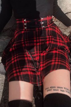 Y2K Gothic Harajuku Red Black Plaid Mini Skirt - 90s Grunge Retro Summer Outfit
