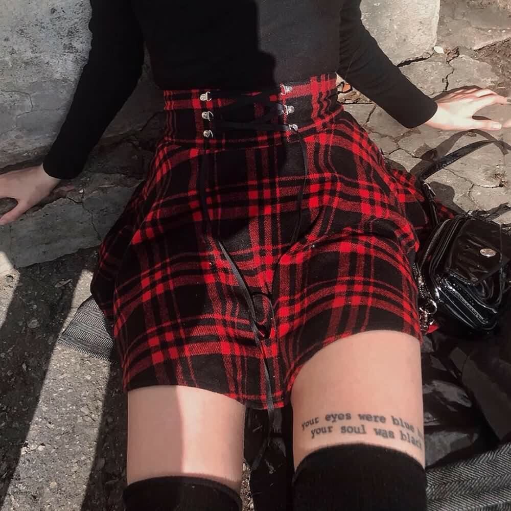 Y2K Gothic Harajuku Red Black Plaid Mini Skirt - 90s Grunge Retro Summer Outfit