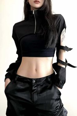 Y2K Gothic High Collar Crop Jacket - Retro 90s Grunge Fashion, Perfect for Y2K Outfits
