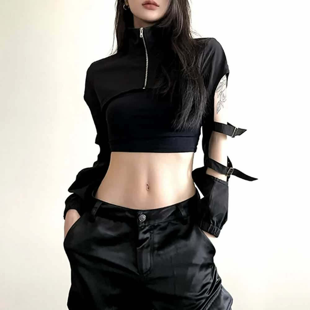 Y2K Gothic High Collar Crop Jacket - Retro 90s Grunge Fashion, Perfect for Y2K Outfits