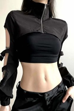 Y2K Gothic High Collar Crop Jacket - Retro 90s Grunge Fashion, Perfect for Y2K Outfits
