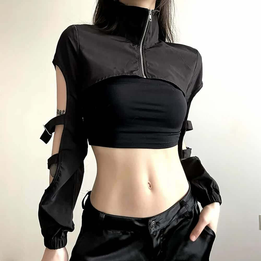 Y2K Gothic High Collar Crop Jacket - Retro 90s Grunge Fashion, Perfect for Y2K Outfits