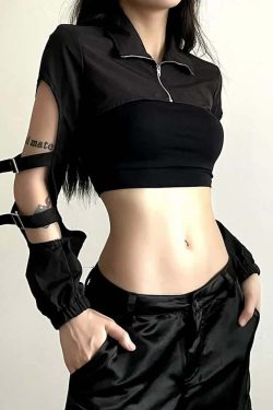 Y2K Gothic High Collar Crop Jacket - Retro 90s Grunge Fashion, Perfect for Y2K Outfits
