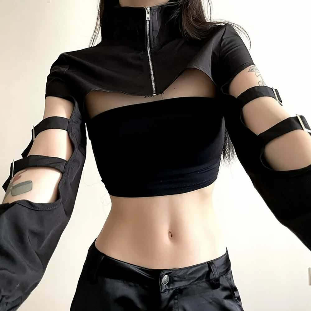 Y2K Gothic High Collar Crop Jacket - Retro 90s Grunge Fashion, Perfect for Y2K Outfits