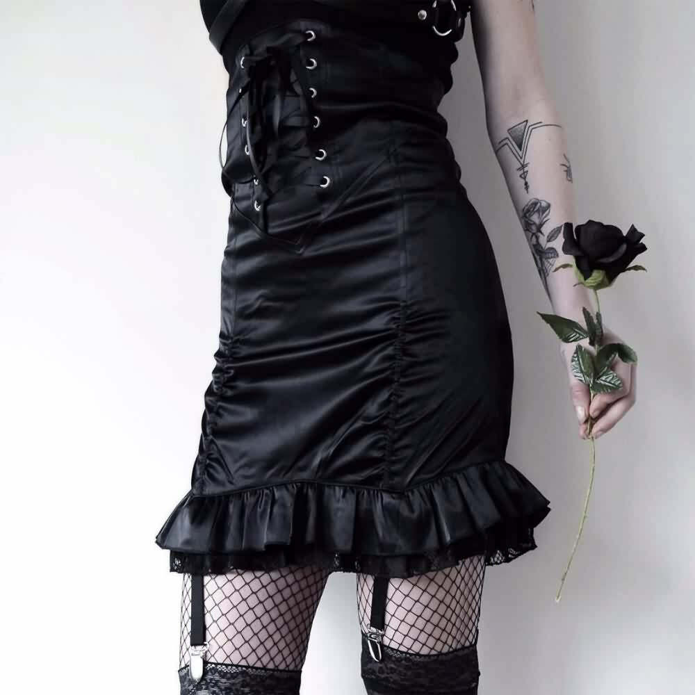 Y2K Gothic High Waist Ruched Mini Skirt - 90s Grunge Summer Outfit, Retro Party Fashion