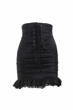Y2K Gothic High Waist Ruched Mini Skirt - 90s Grunge Summer Outfit, Retro Party Fashion