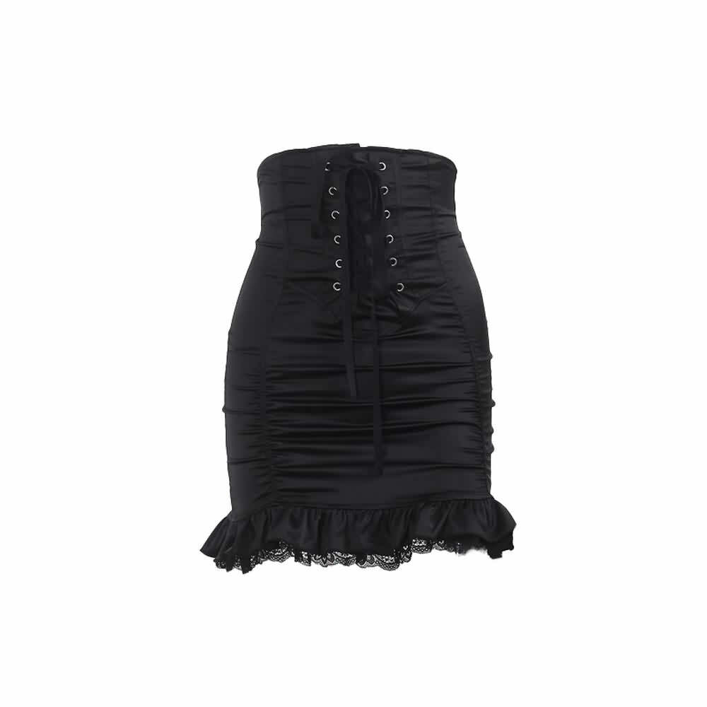 Y2K Gothic High Waist Ruched Mini Skirt - 90s Grunge Summer Outfit, Retro Party Fashion