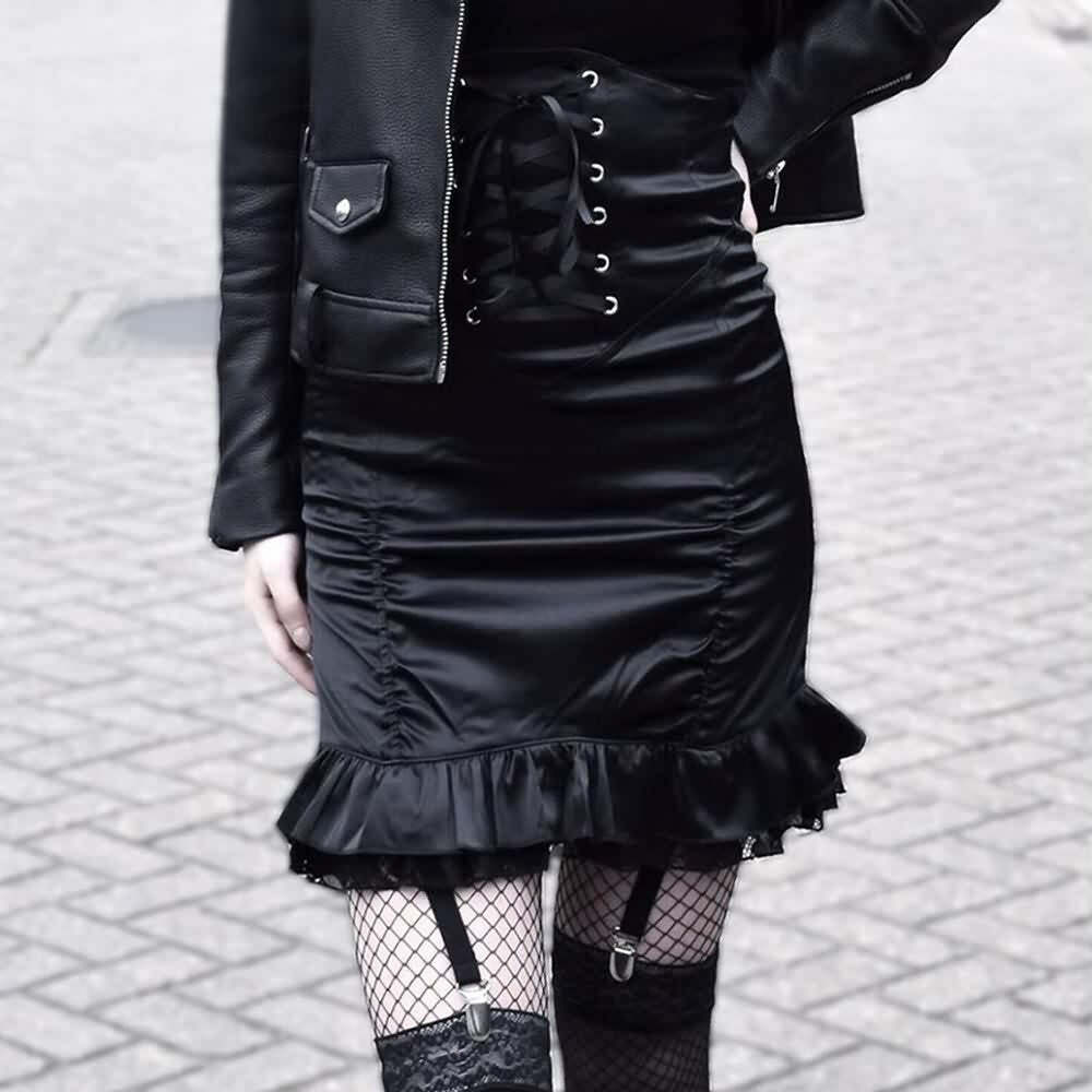 Y2K Gothic High Waist Ruched Mini Skirt - 90s Grunge Summer Outfit, Retro Party Fashion