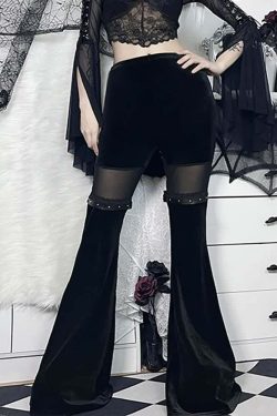 Y2K Gothic High Waist Velvet Flare Pants - Retro 90s Grunge Fashion for Summer Outfits