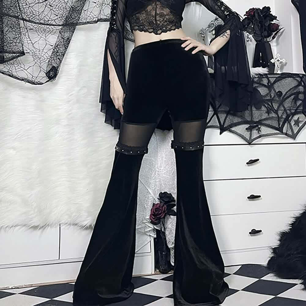 Y2K Gothic High Waist Velvet Flare Pants - Retro 90s Grunge Fashion for Summer Outfits