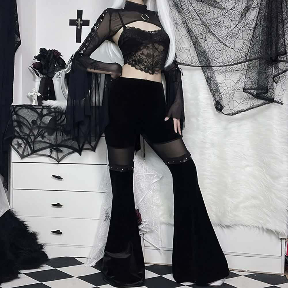 Y2K Gothic High Waist Velvet Flare Pants - Retro 90s Grunge Fashion for Summer Outfits