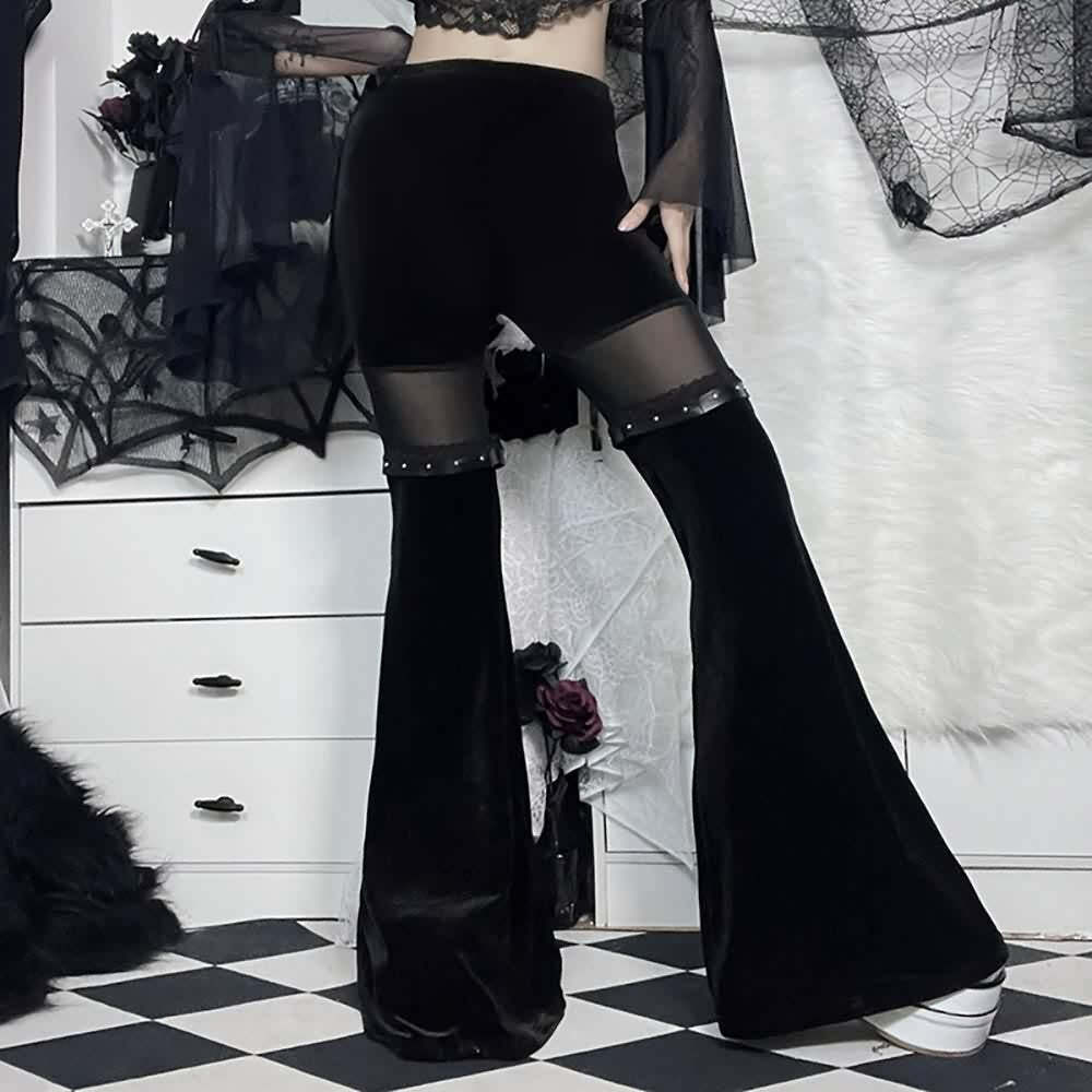 Y2K Gothic High Waist Velvet Flare Pants - Retro 90s Grunge Fashion for Summer Outfits