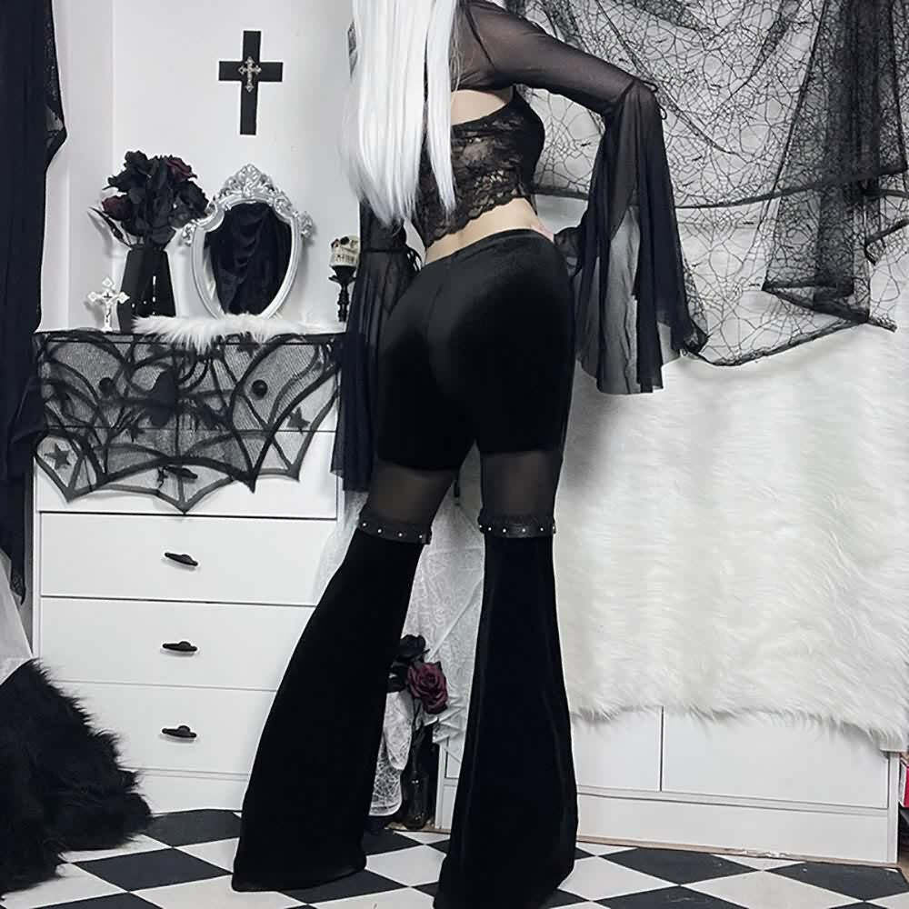 Y2K Gothic High Waist Velvet Flare Pants - Retro 90s Grunge Fashion for Summer Outfits