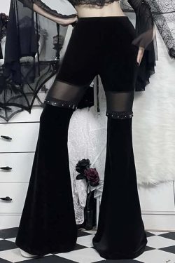 Y2K Gothic High Waist Velvet Flare Pants - Retro 90s Grunge Fashion for Summer Outfits