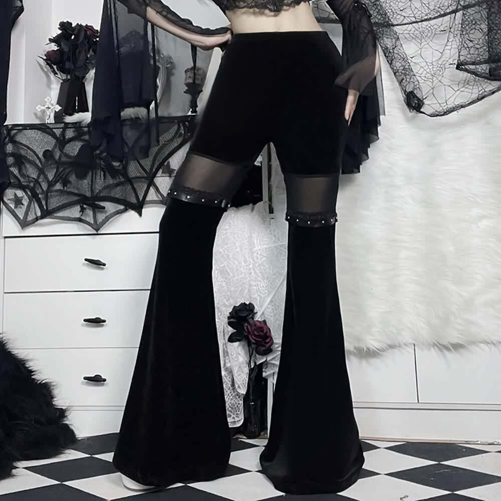 Y2K Gothic High Waist Velvet Flare Pants - Retro 90s Grunge Fashion for Summer Outfits