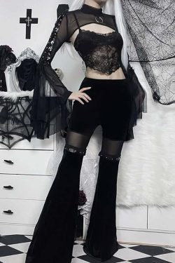 Y2K Gothic High Waist Velvet Flare Pants - Retro 90s Grunge Fashion for Summer Outfits