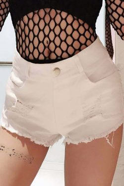 Y2K Gothic High Waisted Distressed Denim Shorts - 90s Grunge Summer Outfit