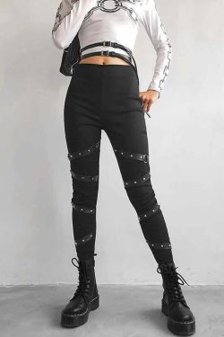 Y2K Gothic High Waisted Strapped Leggings - 90s Grunge Summer Outfit, Retro Y2K Fashion