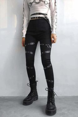 Y2K Gothic High Waisted Strapped Leggings - 90s Grunge Summer Outfit, Retro Y2K Fashion