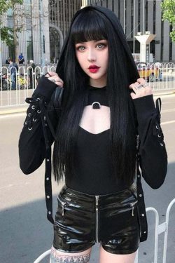 Y2K Gothic Hoodie with Straps - 90s Grunge, Retro Style, Y2K Fashion, Pastel Goth Outfits