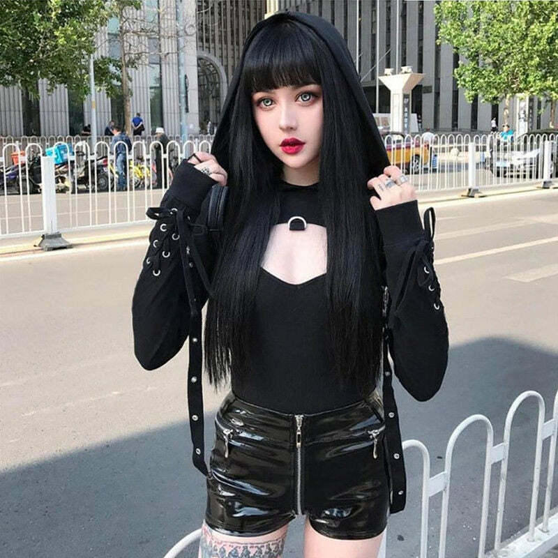 Y2K Gothic Hoodie with Straps - 90s Grunge, Retro Style, Y2K Fashion, Pastel Goth Outfits