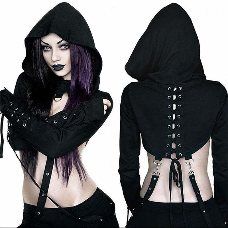 Y2K Gothic Hoodie with Straps - 90s Grunge, Retro Style, Y2K Fashion, Pastel Goth Outfits