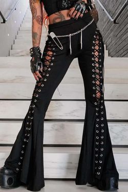 Y2K Gothic Lace-Up Cut-Out Flare Pants - Retro 90s Grunge Summer Club Outfit
