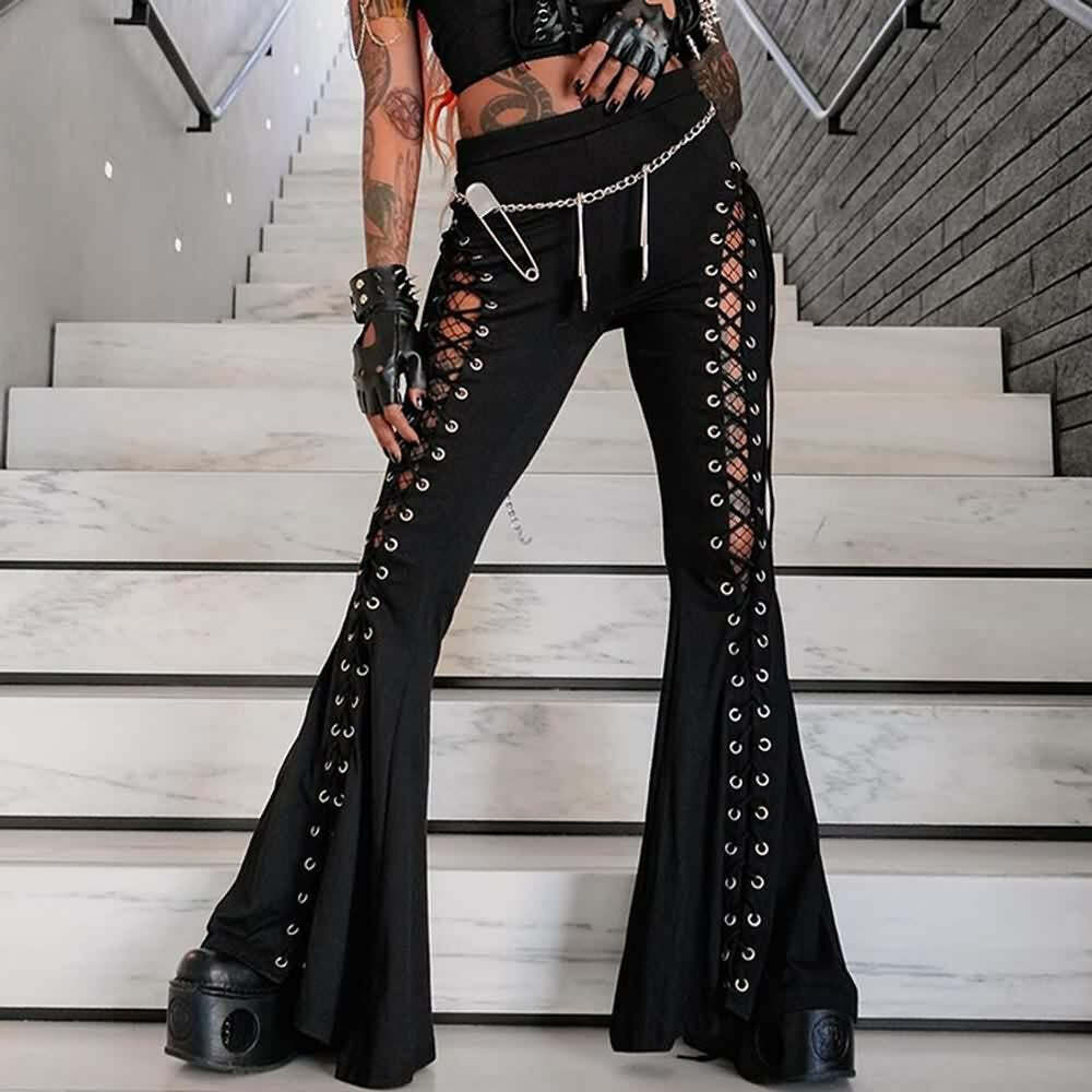 Y2K Gothic Lace-Up Cut-Out Flare Pants - Retro 90s Grunge Summer Club Outfit