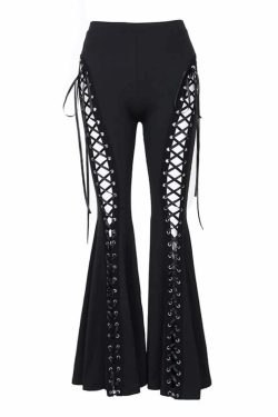 Y2K Gothic Lace-Up Cut-Out Flare Pants - Retro 90s Grunge Summer Club Outfit