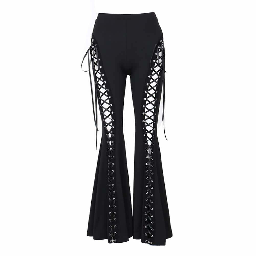Y2K Gothic Lace-Up Cut-Out Flare Pants - Retro 90s Grunge Summer Club Outfit